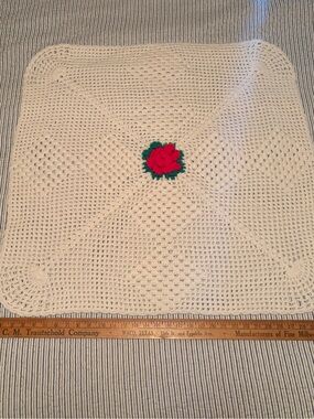 Square Cream Crochet baby afghan or table topper with Red Rose